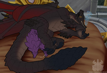 2_penises animal_genitalia animal_penis bed bed_covers bedding big_penis black_body blanket bodily_fluids cloacal cloacal_penis dripping feral furniture genital_fluids genitals hemipenes huge_penis leaking_precum lying male multi_genitalia multi_penis on_bed on_side penile_spines penis precum precum_drip purple_penis seminal_groove sleeping solo tavern wet_dream dahurgthedragon blizzard_entertainment european_mythology mythology warcraft wrathion_the_black_prince_(warcraft) dragon mythological_creature mythological_scalie scaled_dragon scalie western_dragon absurd_res hi_res