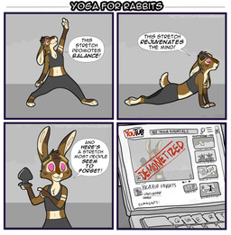 anthro biped bottomwear brown_body brown_fur buttplug clothed clothing computer dialogue electronics eyes_closed eyewear fur goggles holding_buttplug holding_object holding_sex_toy humor laptop male paws plug_(sex_toy) sex_toy solo speech_bubble text topwear yoga youtuber savaj_bunny savaj lagomorph leporid mammal rabbit 2021 absurd_res comic english_text hi_res url