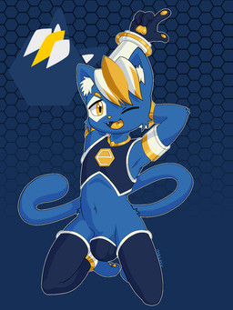 anthro blue_body blue_fur bulge clothing femboy fur hexagon inner_ear_fluff kneeling legwear male mascot navel one_eye_closed open_mouth open_smile smile solo stretching thigh_highs triangle_nose tuft wink yellow_eyes mklxiv e621 hexerade domestic_cat felid feline felis mammal 2026 3:4 cel_shading digital_media_(artwork) hi_res shaded signature