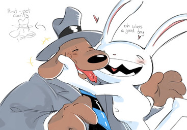 4_fingers anthro blush brown_body brown_fur clothed clothing duo eyes_closed fingers fur hand_on_face heart_symbol hug long_ears male male/male necktie open_mouth petting sharp_teeth smile suit tail teeth text tongue tongue_out white_body white_fur vestigialbones sam_and_max max_(sam_and_max) samuel_dog canid canine canis domestic_dog lagomorph leporid mammal rabbit english_text hi_res