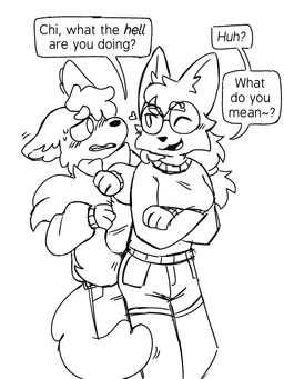 anthro blush bottomwear clothed clothed_anthro clothing crossed_arms dialogue duo eyebrow_piercing eyewear facial_piercing female fluffy fluffy_tail glasses grinding heart_symbol male male/female nervous one_eye_closed pants piercing scarf shorts speech_bubble sweater tail tail_coil tail_hug teasing_look text topwear wearing_glasses wink bloop_uwu senth_(riley_canvessa) splootchy_(riley_canvessa) canid canine canis mammal wolf 3:4 comic english_text hi_res line_art monochrome