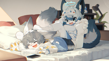 4_fingers 4_toes anthro bed bed_sheet bedding bedroom big_tail black_bottomwear black_clothing black_shorts blindfold blue_body blue_bottomwear blue_clothing blue_ears blue_eyes blue_fur blue_highlights blue_hoodie blue_shorts blue_tail blue_topwear blush book bottomwear cellphone clothed clothing desk duo electronics eyebrows eyemask eyewear feet fingers foot_fetish foot_focus foot_grab foot_on_head foot_play footwear fur furniture furniture_lamp grey_ears grey_eyebrows grey_hair hair halo highlights_(coloring) hoodie houseplant inner_ear_fluff inside laugh legwear light light_beam looking_at_another lying male mask nightstand on_front open_mouth pawpads phone pillow pink_pawpads playing shorts sitting sitting_on_another sleep_mask smartphone smile socks sunbeam sunlight sweater table tail text tickling tickling_feet toes topwear translucent translucent_clothing translucent_footwear translucent_legwear translucent_socks tuft white_body white_clothing white_footwear white_fur white_hair white_hoodie white_inner_ear white_inner_ear_fluff white_socks white_tail white_topwear yellow_pawpads young young_anthro young_male windbiom cinnamoroll sanrio cinnamon_(cinnamoroll) ambiguous_species canid canine canis mammal wolf 16:9 artist_name hi_res watermark widescreen