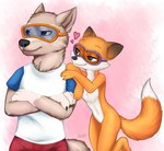 anthro clothing duo female fur male mascot orange_body orange_fur russia tail ukraine white_body white_fur fifa foxtrot_(copyright) foxtrot zabivaka canid canine canis fox mammal wolf