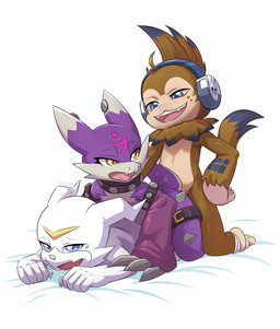 anal anthro blue_eyes blush brown_body brown_fur electronics fur group group_sex headphones male male/male male_penetrated male_penetrating male_penetrating_male penetration purple_body sex threesome train_position trio white_body yellow_eyes rusho bandai_namco digimon digimon_(species) kakamon veemon
