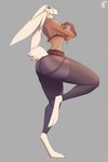 anthro big_butt butt clothing cropped_jacket female floppy_ears fur hair hair_over_eye lop_ears raised_leg scut_tail short_tail solo tail thick_thighs tight_clothing white_body white_fur hiverdose last_fables eni_siverets_(last_fables) hare lagomorph leporid mammal hi_res