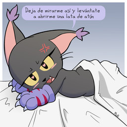 angry anthro bed bed_sheet bedding black_body black_fur blush claws clothing dialogue eyelashes female fur furniture gloves handwear heart_eyes heart_symbol looking_at_viewer open_mouth smile solo tail text waking_up mr_harinezumi bandai_namco digimon nera_(el_senor_erizo) blackgatomon digimon_(species) felid feline mammal 1:1 hi_res spanish_text translated