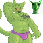 alien anthro armpit_hair blush body_hair bulge chest_hair clothed clothing disembodied_hand domestic_cat duo felid feline felis fur green_body green_fur hairy hi_res male mammal musclegut muscular palister35 pink_clothing reference_image solo_focus underwear underwear_only