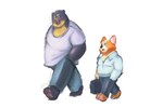 anthro black_body black_fur bottomwear clothing duo fur male overweight overweight_male pants shirt simple_background topwear white_background lentejota6 bear canid canine canis domestic_dog herding_dog mammal pastoral_dog welsh_corgi 2021 3:2 hi_res