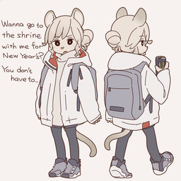anthro backpack beverage beverage_can clothed clothing dialogue energy_drink female footwear fur grey_background grey_body grey_fur grey_hair hair hair_bun holding_beverage holding_object holidays jacket kemono leggings legwear looking_at_viewer open_mouth shoes short simple_background sneakers solo text topwear turtleneck walking yagi_the_goat monster_energy new_year mammal mouse murid murine rodent 1:1 2020 english_text