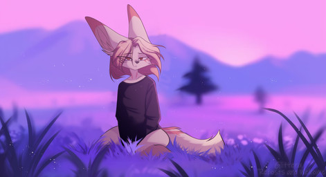 ambiguous_gender anthro blonde_hair bottomless cheek_tuft clothed clothing collarbone facial_tuft field flower fur grass hair half-closed_eyes in_grass kneeling medium_hair narrowed_eyes on_ground orange_body orange_eyes orange_fur plant sad sky solo tree tuft glitter_galaxia canid canine fennec_fox fox mammal true_fox hi_res