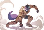 anthro armor cracked_ground cracks dust dust_cloud fluffy fluffy_tail fur hair male multicolored_body multicolored_fur pose purple_body purple_fur purple_hair shadow short_hair simple_background smile snout solo tail two_tone_body two_tone_fur white_background white_body white_fur yellow_eyes wexer mammal rodent sciurid tree_squirrel 2020 full-length_portrait hi_res portrait