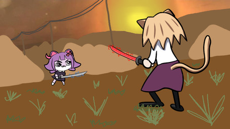 accessory anthro blonde_hair bottomwear bow_ribbon clothing duel duo female fur grass hair hair_accessory hair_bow hair_ribbon plant purple_body purple_eyes purple_hair ribbons skirt sky sun swordsman tail wire yellow_body yellow_fur sacruffer konami metal_gear metal_gear_rising:_revengeance platinumgames tsukihime type-moon vkontakte masyunya_(vkontakte) neco-arc humanoid 16:9 widescreen