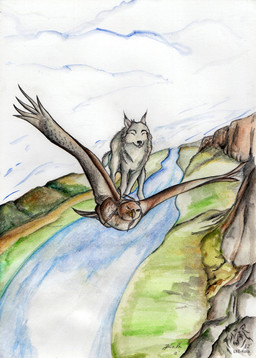 ambiguous_gender black_nose brown_body closed_smile cloud dipstick_ears duo ear_markings eyes_closed feral flying fur grey_body grey_fur logo mouth_closed multicolored_ears outside pink_tongue smile tongue tongue_out water kola_(artist) avian canid canine mammal 2012 artist_logo dated signature traditional_media_(artwork)