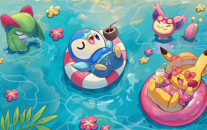 aloha_shirt ambiguous_gender beach beverage blue_body bottomwear clothing coconut drupe_(fruit) eyes_closed eyewear flower food fruit goggles green_body group happy hat headgear headwear one_eye_closed open_mouth pattern_clothing pattern_shirt pattern_topwear pink_body plant pool_float sea shirt shorts smile swimming swimwear topwear water yellow_body wolfang_fh nintendo pokemon generation_1_pokemon generation_3_pokemon generation_4_pokemon kirlia pikachu piplup pokemon_(species) skitty colored digital_drawing_(artwork) digital_media_(artwork) hi_res shaded