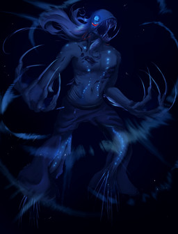 anthro biped blue_eyes claws fin glowing hair male sharp_teeth solo split_form teeth patholurk dragon_fish marine merfolk 2024 hi_res