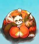 ailurid anthro big_breasts big_butt blush breasts butt chiro_(artist) clothing fanfan female grin hi_res huge_butt mammal naughty_face orange_clothing overweight overweight_anthro overweight_female red_eyes red_panda smile solo wide_hips