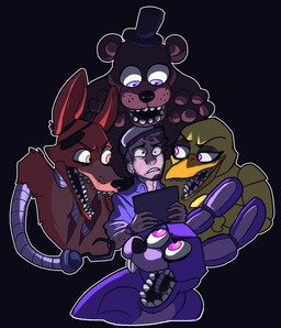 anthro bow_(feature) bow_tie clothing dark female group hat headgear headwear hook machine male teeth top_hat nuclearloop five_nights_at_freddy's scottgames bonnie_(fnaf) chica_(fnaf) foxy_(fnaf) freddy_(fnaf) mike_schmidt animatronic avian bear bird canid canine chicken fox galliform human lagomorph leporid mammal phasianid rabbit robot hi_res
