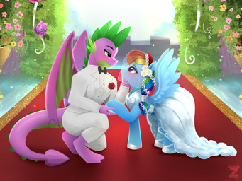 anthro biped black_tie_(suit) blue_body clothed clothing dress duo female feral larger_male male male/female purple_body quadruped size_difference smaller_female suit tail wedding wedding_dress white_clothing wings darksly-z friendship_is_magic hasbro my_little_pony mythology rainbow_dash_(mlp) spike_(mlp) dragon equid equine mammal mythological_creature mythological_equine mythological_scalie pegasus scalie 4:3 hi_res