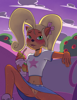 anthro beverage blush bodily_fluids breasts clothed clothing detailed_background eyelashes female flower food fruit genital_fluids genitals green_eyes hair long_hair masturbation plant presenting smile solo sunset sweat thin_calves thin_legs thin_thighs vaginal_fluids vulva wumpa_fruit soulcentinel activision crash_bandicoot_(series) coco_bandicoot bandicoot mammal marsupial hi_res