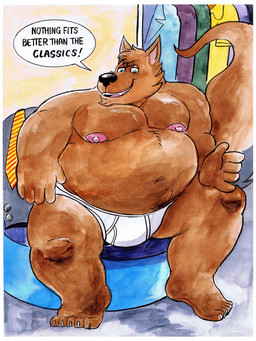 allcaps anthro barefoot black_nose black_text blue_clothing blue_suit bold_text briefs briefs_only brown_body brown_fur claws closet clothed clothing clothing_on_chair dialog_balloon feet fur green_eyes male monotone_briefs monotone_clothing monotone_underwear musclegut muscular navel necktie nipples nude open_mouth open_smile overweight overweight_male pattern_necktie purple_clothing sharp_teeth shirt sitting smile solo striped_necktie suit teeth teeth_showing text tighty_whities tongue_showing topless topless_male topwear underwear underwear_only white_briefs white_clothing white_underwear yellow_clothing yellow_necktie yellow_shirt yellow_topwear billy_fore canid canine canis mammal wolf 3:4 english_text hi_res