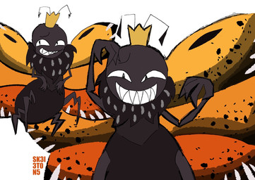 2_antennae 4_fingers 4_legs ambiguous_gender antennae_(anatomy) black_antennae black_body crown eyespots fingers grin headgear insect_wings lepidopteran_wings markings monotone_body multicolored_wings nude orange_wings pupils quadruped ruff simple_background small_pupils smile solo spread_wings standing teeth toothy_grin white_background wings sk3l3t0n5 disney hoppers_(disney) pixar titus_(hoppers) arthropod butterfly insect lepidopteran monarch_butterfly taur flat_colors hi_res