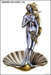 android birth_of_venus bivalve_shell blonde_hair breasts covering covering_breasts covering_self english_text female glistening hair hajime_sorayama humanoid inspired_by_formal_art long_hair looking_at_viewer machine metal metallic_body mollusk_shell nipples not_furry nude parody pinup pose realistic robot shell simple_background solo sorayama_hajime tasteful tasteful_nudity technophilia text white_background