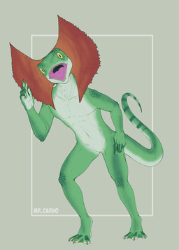 anthro big_eyes claws featureless_crotch feet finger_claws fingers frill_(anatomy) front_view green_body green_scales grey_background grey_body humanoid_hands looking_at_viewer male markings membrane_(anatomy) navel neck_frill non-mammal_navel nude_anthro nude_male open_mouth pose scales sharp_teeth simple_background solo standing striped_markings stripes tail teeth text toe_claws toes webbed_feet yellow_sclera mr.carno agamid frilled_lizard lizard reptile scalie absurd_res artist_name colored full-length_portrait hi_res portrait shaded