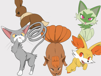 ambiguous_gender blue_eyes feral looking_at_viewer looking_back monotone_background open_mouth pink_eyes red_eyes simple_background tongue tongue_out yellow_sclera kagura_0471 nintendo pokemon eevee fennekin generation_1_pokemon generation_6_pokemon generation_9_pokemon pokemon_(species) sprigatito vulpix 2024 4:3 hi_res