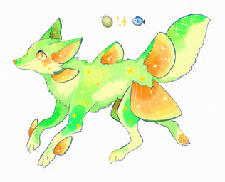ambiguous_gender claws emoji feral fin food fruit fur green_body green_fur melon orange_eyes pawpads paws plant simple_background solo sparkles tail ytkmrs canid canine fish fox hybrid mammal marine 2025 absurd_res hi_res