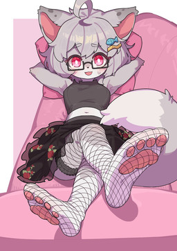 4_toes accessory ahoge anthro black_bottomwear black_clothing black_crop_top black_eyewear black_glasses black_shirt black_skirt black_tank_top black_topwear blush blush_lines bodily_fluids bottomwear breasts clothed clothed_anthro clothed_female clothing countershade_face countershade_torso countershading crop_top crossed_legs dipstick_tail eyebrow_through_hair eyebrows eyewear feet female female_anthro fishnet_clothing fishnet_legwear fishnet_stockings foot_focus front_view fully_clothed fully_clothed_anthro fully_clothed_female fur furniture glasses grey_body grey_eyebrows grey_fur grey_hair hair hair_accessory hairclip hands_behind_head hindpaw kemono leg_markings legwear looking_at_viewer lying lying_on_sofa markings midriff multicolored_body multicolored_fur navel on_back on_sofa open_mouth pawpads paws pillow pink_eyes pink_inner_ear pink_pawpads plantigrade plantigrade_pawpads pupils shirt short_hair skirt socks_(marking) sofa solo stockings sweat sweatdrop tail tail_markings tank_top toes tongue topwear translucent translucent_hair two_tone_body two_tone_fur upskirt wearing_glasses white_body white_countershading white_fur white_markings white_pupils white_sclera white_tail_tip i3un2 domestic_cat felid feline felis mammal 2023 digital_media_(artwork) full-length_portrait hi_res portrait