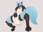 ambiguous_gender anthro blush bodily_fluids crouching diaper diaper_masturbation diaper_squish extremius_amphibious generation_4_pokemon genital_fluids hi_res looking_down lucario masturbation nintendo open_mouth pokemon pokemon_(species) raised_tail sagging_diaper solo tail unclean_diaper urine used_diaper wet wet_diaper wetting