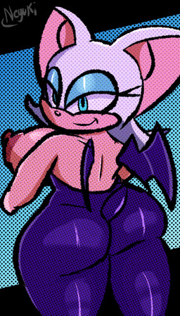 anthro areola bedroom_eyes big_breasts big_butt big_ears blue_background blue_eyes breasts butt clothed clothing female fur hair looking_at_viewer looking_back narrowed_eyes nipples seductive side_boob simple_background smile solo tan_body thick_thighs topless white_body white_fur white_hair wide_hips wings neyusleep sega sonic_the_hedgehog_(series) rouge_the_bat bat mammal absurd_res hi_res