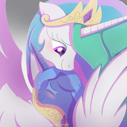 1_horn blue_eyeshadow blue_hair blush closed_smile crown duo eyelashes eyes_closed eyeshadow feathered_wings feathers female female_feral feral green_hair hair headgear horn hug looking_at_another love makeup mouth_closed multicolored_hair purple_body purple_eyes purple_horn smile spiral_horn tiara white_body white_horn white_wings wings nnalyart friendship_is_magic hasbro my_little_pony mythology princess_celestia_(mlp) princess_luna_(mlp) equid equine mammal mythological_creature mythological_equine winged_unicorn 1:1 2021 cel_shading digital_drawing_(artwork) digital_media_(artwork) hi_res shaded sibling_(lore) sister_(lore) sisters_(lore)