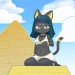 3_fingers anthro black_body black_ears black_fur black_tail blue_eyes blue_sky breasts cleavage clothed clothing cloud egyptian eyebrows female fingers fur hair midriff navel pose pupils pyramid sky tail sum felid feline mammal 1:1 2022 hi_res