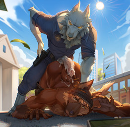 after_sex animal_genitalia animal_penis anthro ass_up athletic athletic_anthro athletic_male bank banknote beanie belt biped blue_uniform blush bodily_fluids bottomwear bottomwear_down butt canine_genitalia canine_penis clothed clothing criminal cum cum_on_penis digitigrade duo feet fingers fur genital_fluids genitals gun gun_holster hair half-erect handgun hat headgear headwear knot looking_back male male/male money open_mouth outside pants pants_down partially_clothed penis police police_officer police_uniform public public_exposure public_sex punished punishment punishment_sex ranged_weapon robber robbery secretly_loves_it sex sky smile standing tail thief toes topless topless_anthro topless_male tough_guy uniform weapon neisa akyon canid canine canis domestic_dog mammal wolf digital_media_(artwork) hi_res