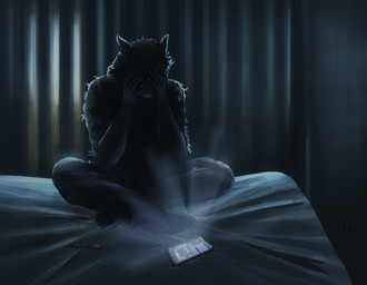 anthro bed blurred_text bodily_fluids cellphone chat crying curtains electronics eyewear furniture glasses male on_bed phone screen sitting sitting_on_bed smartphone solo tears vent_art jameslewis g_jamez alpaca camelid mammal hi_res spanish_description