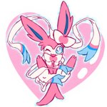 ambiguous_gender blue_eyes blush blush_lines bow_(anatomy) featureless_crotch feral fur heart_eyes heart_symbol looking_at_viewer one_eye_closed paws pink_body pink_fur ribbons_(anatomy) simple_background solo tail text white_body wink winking_at_viewer astella1204 nintendo pokemon eeveelution generation_6_pokemon pokemon_(species) sylveon 2025 japanese_text