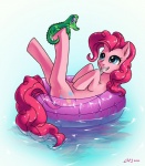 ambiguous_gender blue_eyes cutie_mark duo female feral floating hair inflatable lying on_back pink_hair pool_toy purple_eyes quadruped simple_background smile swim_ring tail water katiramoon friendship_is_magic hasbro my_little_pony gummy_(mlp) pinkie_pie_(mlp) alligator alligatorid crocodilian earth_pony equid equine horse mammal pony reptile scalie 2012 hi_res male_(lore)