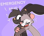 absurd_res american_opossum anthro band-aid band-aid_on_face band-aid_on_nose bandage bandage_on_face bandage_on_nose black_body black_fur cheek_tuft chest_tuft dialogue duo embrace embracing_another embracing_from_behind english_text eyes_closed facial_tuft fur grey_body grey_fur hi_res hug lagomorph leporid male male/male mammal marsupial nick_(the_xing1) open_mouth pink_body pink_skin purple_background rabbit roy_(the_xing1) sharp_teeth simple_background teeth text tuft virginia_opossum wide_eyed xing1