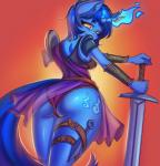 anthro armor clothing cutie_mark female hair horn melee_weapon solo sword underwear weapon prisma6 hasbro my_little_pony mythology equid equine mammal mythological_creature mythological_equine unicorn hi_res