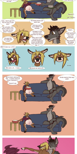 4_toes 5_fingers anthro anthro_on_anthro barefoot belly big_belly black_hair blonde_hair breasts brown_body brown_eyes brown_fur butt clothed clothed_anthro clothed_female clothed_male clothing complaining dialogue duo feet female fingers food fur furniture grey_body grey_fur hair hindpaw hooves huge_belly humanoid_hands hyper hyper_belly hyper_pregnancy imminent_sex interspecies kissing making_out male male/female multicolored_body multicolored_fur nipples on_sofa open_mouth paws popcorn pregnant pregnant_anthro pregnant_female profanity purple_eyes rant realization sitting sitting_on_sofa size_difference sofa speech_bubble tail text toes tongue topless topless_anthro topless_female topless_male two_tone_body two_tone_fur undressing white_body white_fur dansharkman dawn_(dansharkman) dusk_(dansharkman) canid canine canis deer mammal wolf absurd_res comic english_text hi_res