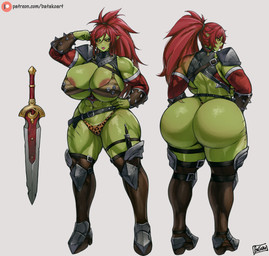 areola areola_slip armor big_breasts big_butt breasts butt clothing female green_body green_skin huge_breasts huge_butt melee_weapon not_furry solo sword text thong underwear weapon batako humanoid orc hi_res url