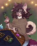 ambiguous_gender anthro brown_hair card clothed clothing fortune_telling hair major_arcana open_mouth solo tarot tarot_card text the_fool_(tarot) the_moon_(tarot) luckypan canid canine canis domestic_dog mammal 2021 digital_media_(artwork) shaded url