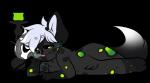 anthro black_body black_fur blue_hair chibi drugs fur green_body green_eyes green_fur hair male simple_background solo text freeze-pop88 canid canine mammal alpha_channel url