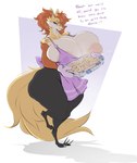 anthro apron apron_only areola arm_tuft big_breasts black_body black_fur bodily_fluids breasts cheek_tuft cinnamon_bun clothing dialogue digitigrade facial_tuft female fluffy fluffy_tail food fur hair half-closed_eyes handwear huge_breasts inner_ear_fluff lactating lactating_through_clothing narrowed_eyes nipples oven_mitts pastry pink_areola pink_nipples red_body red_fur red_hair shoulder_tuft simple_background solo tail term_of_endearment text thick_thighs tuft wet wet_clothing white_background wide_hips yellow_body yellow_fur dullvivid nintendo pokemon delphox generation_6_pokemon pokemon_(species) absurd_res english_text hi_res