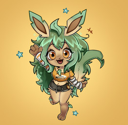 4_fingers anthro arm_warmers armwear bottomwear brown_inner_ear_fluff chibi clothed clothed_anthro clothed_female clothing female fingers fully_clothed fully_clothed_anthro fully_clothed_female fur gesture green_body green_fur green_hair hair happy hotpants inner_ear_fluff leaf leaf_ears leaf_hair leaf_tail long_hair looking_at_viewer midriff multicolored_body multicolored_fur on_one_leg open_mouth plant plant_hair pseudo_hair shorts simple_background solo standing tail tamagotchi_(toy) tan_body tan_fur tuft waving waving_at_viewer yellow_eyes honey_chan01 nintendo pokemon leyra_(nosenses) eeveelution generation_4_pokemon leafeon pokemon_(species) shiny_pokemon hi_res