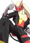 anthro belt bottomwear clothing grin grinning_at_viewer holowear_(pokemon) jacket leather leather_bottomwear leather_clothing leather_jacket leather_pants leather_topwear looking_at_viewer male pants pecs smile solo teeth_showing topwear hanato34 nintendo pokemon pokemon_unite punk_style_blaziken blaziken generation_3_pokemon pokemon_(species) absurd_res hi_res