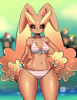 anthro anthrofied beach belly bikini black_sclera blush breasts camera camera_flash clothed clothing female fluffy front-tie_bikini front-tie_clothing front-tie_swimwear glistening glistening_body glistening_skin hand_on_hip heart_symbol midriff outside pattern_bikini pattern_clothing pattern_swimwear photo pokemorph red_eyes sea seaside short_tail side-tie_bikini side-tie_clothing side-tie_swimwear small_breasts solo string_bikini striped_bikini striped_clothing striped_swimwear stripes swimwear tail thick_thighs tied_bikini tied_clothing two-piece_swimsuit water wide_hips kenron_toqueen nintendo pokemon generation_4_pokemon lagomorph lopunny mammal pokemon_(species) 2016