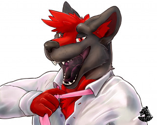 accessory anthro bodily_fluids clothing looking_at_viewer male necktie open_mouth saliva shirt solo teeth tongue topwear white_clothing white_shirt white_topwear nolow canid canine mammal 2017