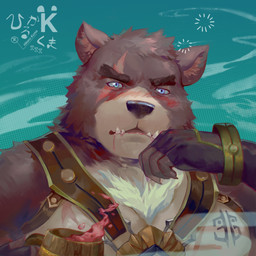 barazoku beverage black_nose blue_eyes blush body_hair brown_body brown_fur chest_hair clothing drunk eye_scar facial_scar fingerless_gloves fur gloves handwear holding_beverage holding_object male multicolored_body multicolored_fur scar solo substance_intoxication tattoo two_tone_body two_tone_fur daylightallure dudedle kemo_coliseum tharsix_(kemo_coliseum) bear mammal 1:1 2020 hi_res signature
